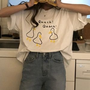 Elbow-Sleeve Cute Duck Print White T-Shirt